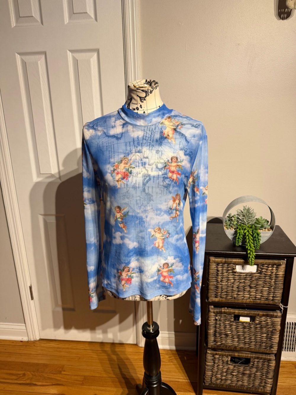 SHEIN ICON Angel Vintage Y2K blouse Mock cloud mesh Cherub Sheer Blue top XL